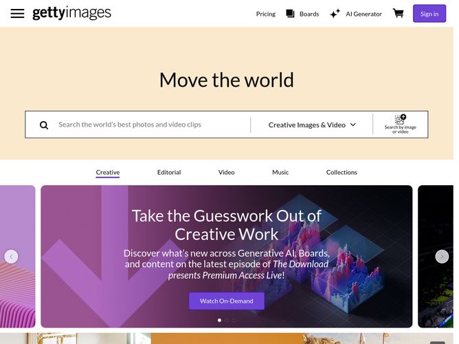 The website screenshot for http://gettyimages.com
