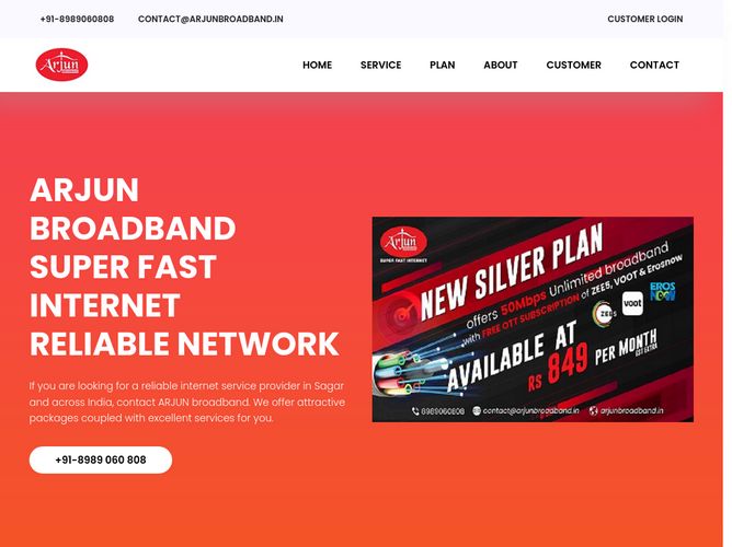 The website screenshot for http://www.arjunbroadband.in