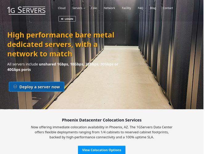 The website screenshot for https://1gservers.com