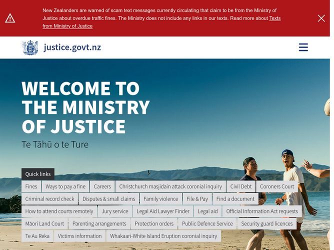The website screenshot for https://www.justice.govt.nz