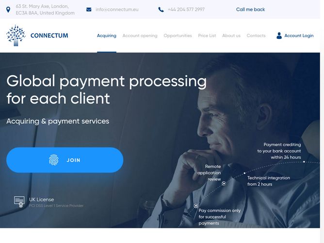 The website screenshot for https://connectum.eu