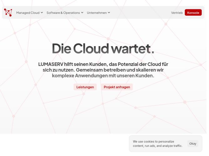 The website screenshot for https://lumaserv.com