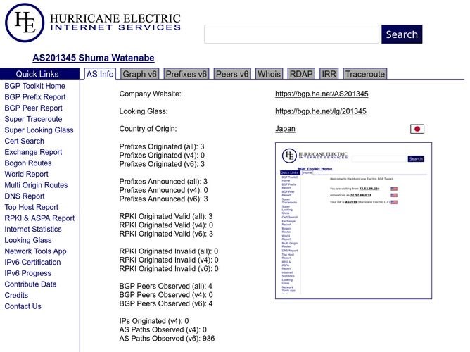 The website screenshot for https://bgp.he.net/AS201345