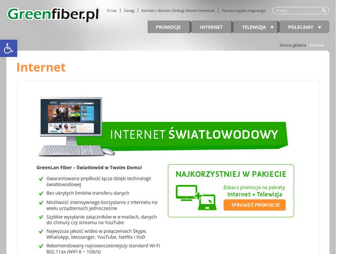 The website screenshot for http://www.greenfiber.pl/internet/