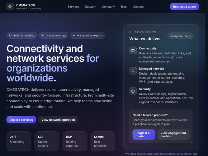 The website screenshot for https://omegatech.sc
