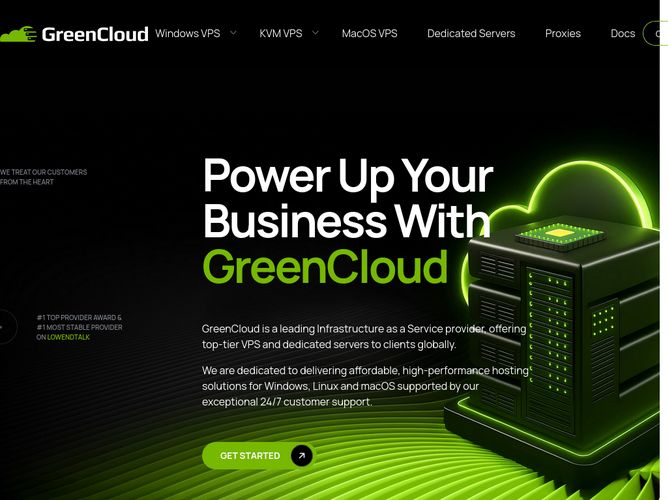 The website screenshot for https://greencloudvps.com