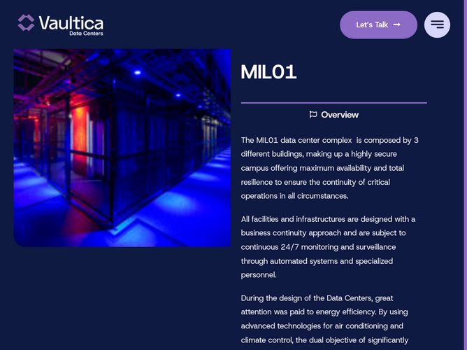 The website screenshot for https://www.vaultica.com/italy/#MIL01