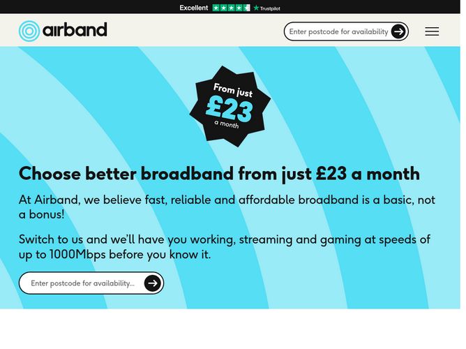 The website screenshot for https://www.airband.co.uk