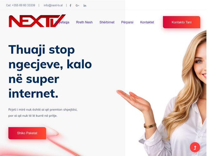 The website screenshot for http://next-tv.al
