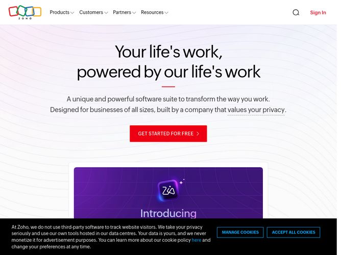The website screenshot for https://www.zoho.com/