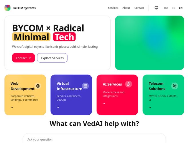 The website screenshot for https://bycom.by