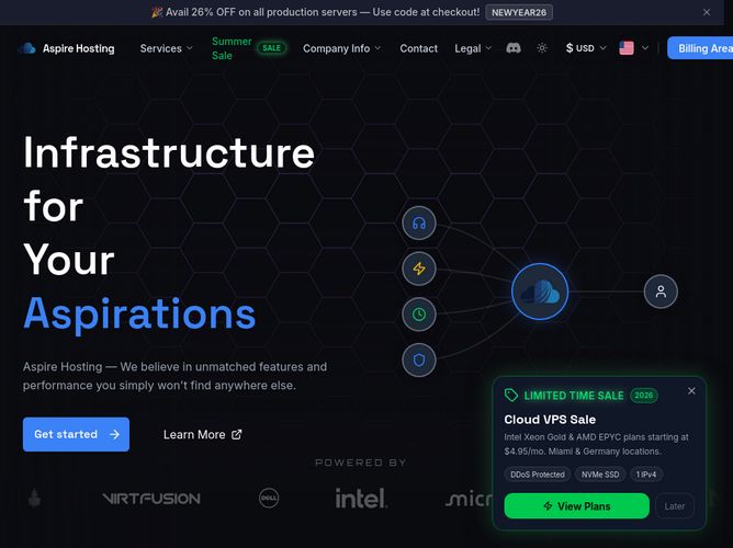 The website screenshot for https://aspirehosting.net