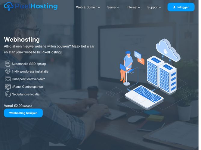 The website screenshot for https://pixelhosting.nl