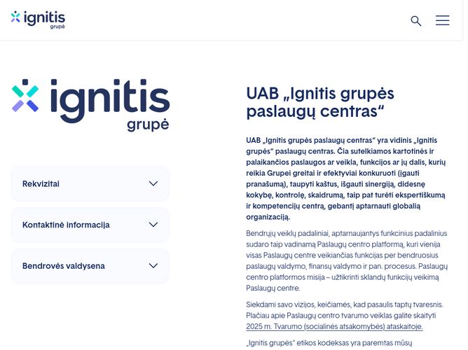The website screenshot for https://www.ignitisgrupe.lt/lt/uab-ignitis-grupes-paslaugu-centras