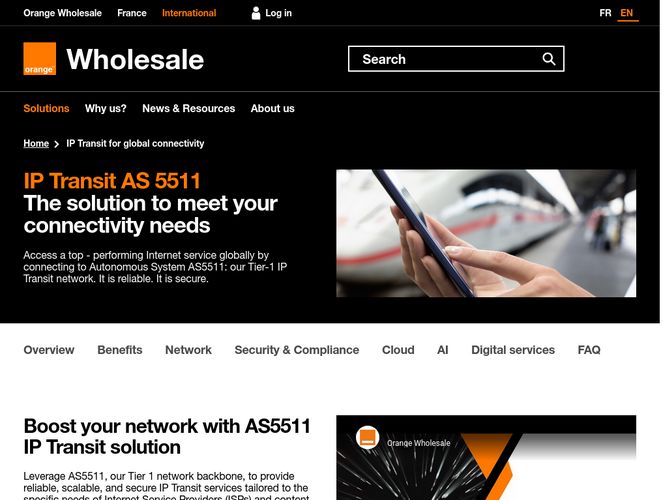 The website screenshot for https://wholesale.orange.com/international/en/our-solutions/ip-and-content-distribution/ip-transit.html