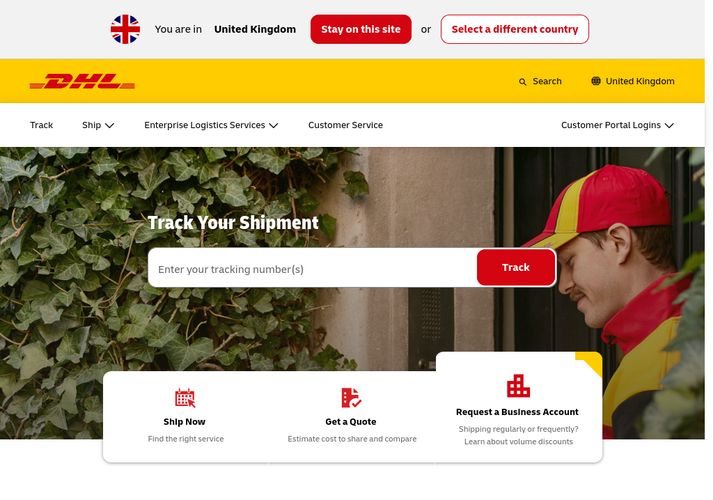 The website screenshot for http://dhl.com