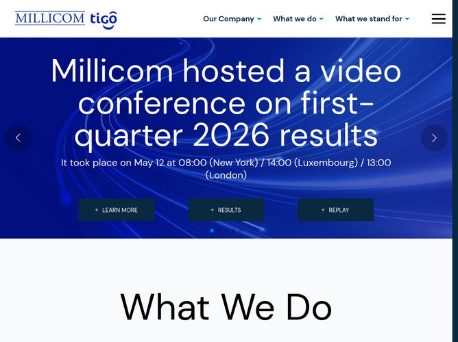 The website screenshot for http://www.millicom.com/