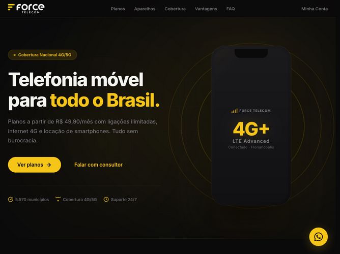 The website screenshot for https://forcetelecom.com.br/