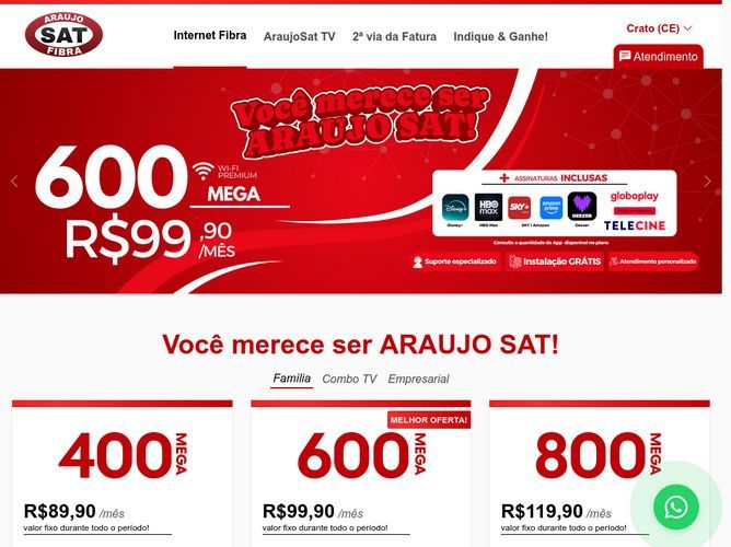 The website screenshot for https://www.araujosat.com.br