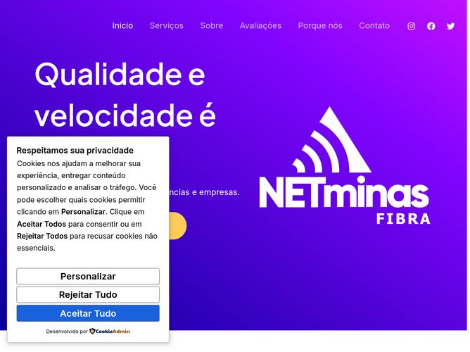 The website screenshot for http://netminasfibra.com.br/