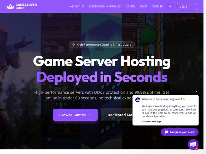 The website screenshot for https://www.gameserverkings.com