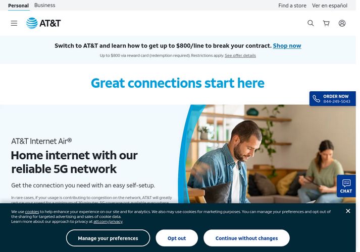 The website screenshot for http://www.att.com