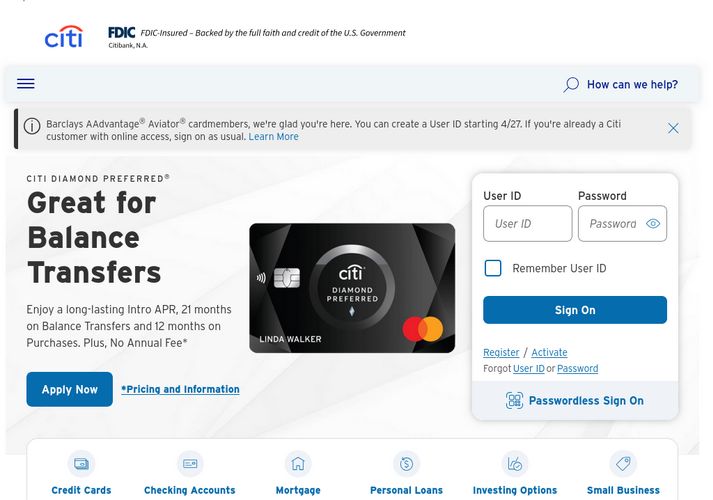 The website screenshot for http://citi.com