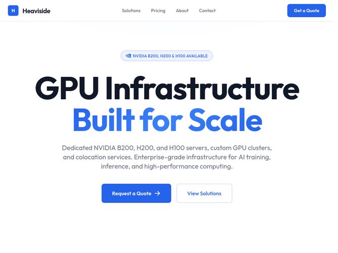 The website screenshot for https://heavisidehosting.com