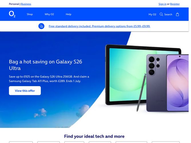 The website screenshot for https://www.o2.co.uk