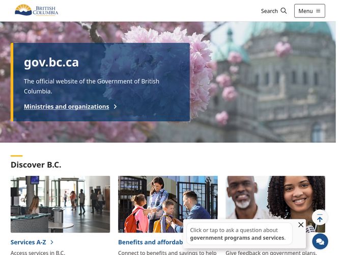 The website screenshot for http://www.gov.bc.ca