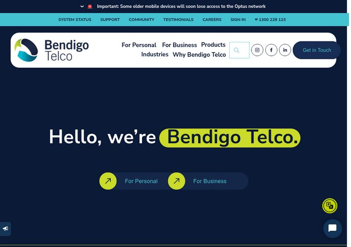 The website screenshot for https://www.bendigotelco.com.au
