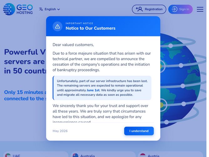 The website screenshot for https://geo.hosting/en/