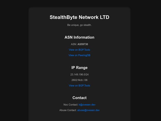 The website screenshot for https://as59730.stealthbyte.no
