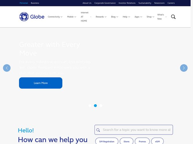 The website screenshot for https://www.globe.com.ph/